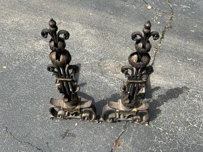 ANTIQUE ITALIAN HERALDIC GILT IRON ANDIRONS