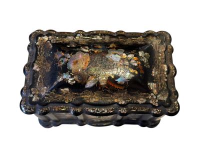 ANTIQUE LACQUER INLAID MOTHER OF PEARL FLOWER DECORATED JEWELRY BOX