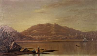 ANTIQUE LAKE VISTA MOUNTAIN LANDSCAPE PAINTING IN ORIGINAL FRAME