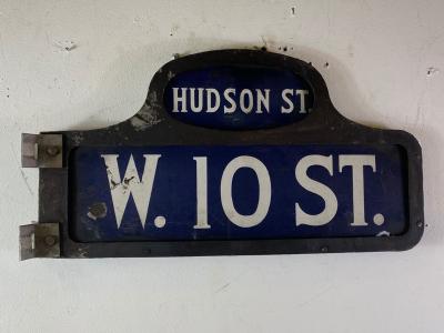 ANTIQUE NYC HUDSON STREET WEST 10TH STREET ENAMEL SIGN