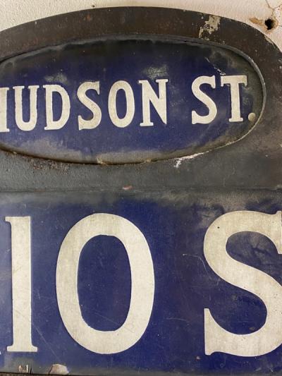 ANTIQUE NYC HUDSON STREET WEST 10TH STREET ENAMEL SIGN