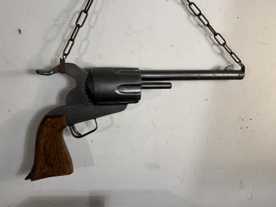 ANTIQUE OAK AND METAL GUN TRADE SIGN