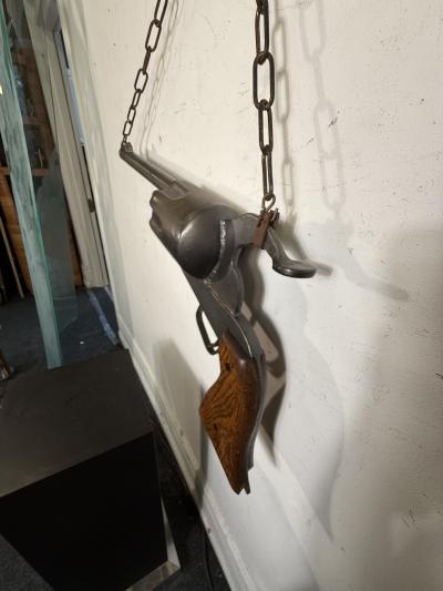 ANTIQUE OAK AND METAL GUN TRADE SIGN