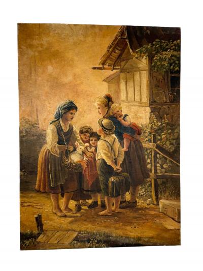 ANTIQUE OIL PAINTING OF VILLAGE SCENE WITH WOMEN CHILDREN BASKET OF BUNNIES