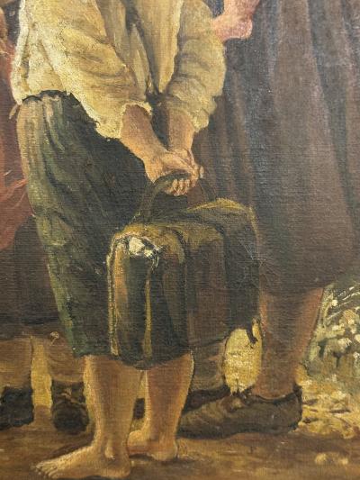 ANTIQUE OIL PAINTING OF VILLAGE SCENE WITH WOMEN CHILDREN BASKET OF BUNNIES