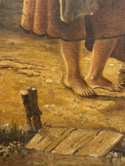 ANTIQUE OIL PAINTING OF VILLAGE SCENE WITH WOMEN CHILDREN BASKET OF BUNNIES