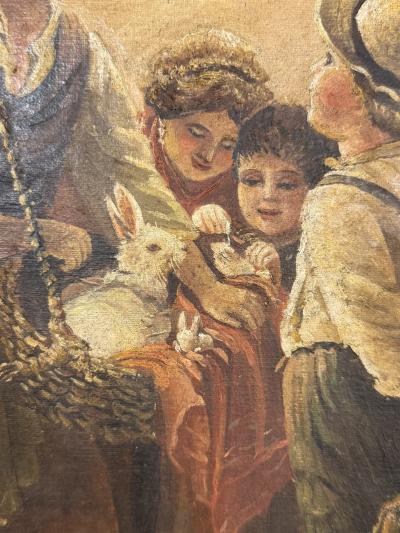 ANTIQUE OIL PAINTING OF VILLAGE SCENE WITH WOMEN CHILDREN BASKET OF BUNNIES