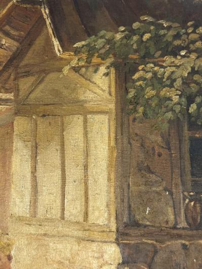 ANTIQUE OIL PAINTING OF VILLAGE SCENE WITH WOMEN CHILDREN BASKET OF BUNNIES