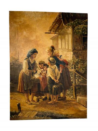 ANTIQUE OIL PAINTING OF VILLAGE SCENE WITH WOMEN CHILDREN BASKET OF BUNNIES