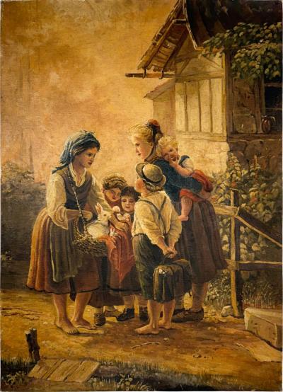 ANTIQUE OIL PAINTING OF VILLAGE SCENE WITH WOMEN CHILDREN BASKET OF BUNNIES