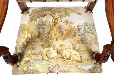 ANTIQUE OPEN ARMCHAIR NEO RENAISSANCE STYLE TAPESTRY UPHOLSTERY