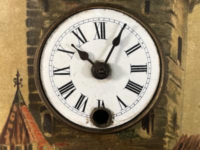 ANTIQUE PENNY OPERATED MUSICAL CLOCK SCENIC CASTLE VILLAGE ON WATERBANK PRINT