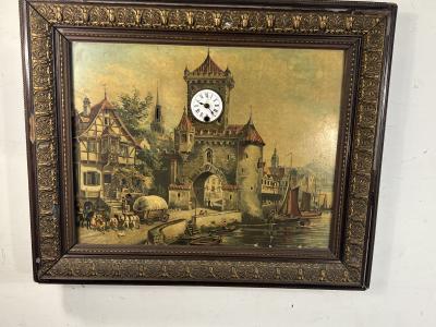 ANTIQUE PENNY OPERATED MUSICAL CLOCK SCENIC CASTLE VILLAGE ON WATERBANK PRINT