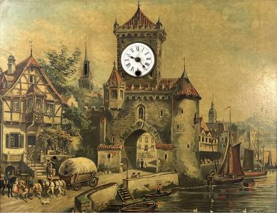 ANTIQUE PENNY OPERATED MUSICAL CLOCK SCENIC CASTLE VILLAGE ON WATERBANK PRINT