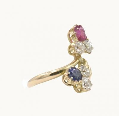 ANTIQUE RUSSIAN DIAMOND SAPPHIRE RUBY 14K YELLOW GOLD RING