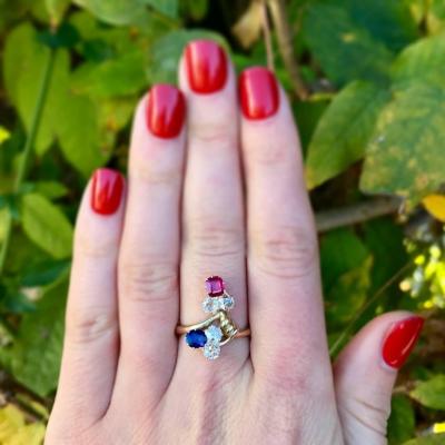 ANTIQUE RUSSIAN DIAMOND SAPPHIRE RUBY 14K YELLOW GOLD RING