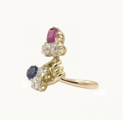 ANTIQUE RUSSIAN DIAMOND SAPPHIRE RUBY 14K YELLOW GOLD RING
