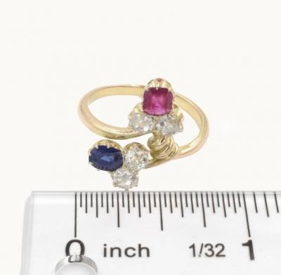 ANTIQUE RUSSIAN DIAMOND SAPPHIRE RUBY 14K YELLOW GOLD RING