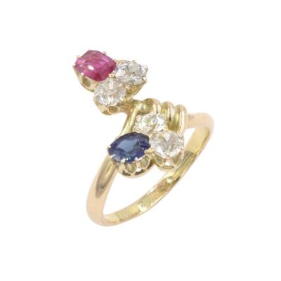 ANTIQUE RUSSIAN DIAMOND SAPPHIRE RUBY 14K YELLOW GOLD RING