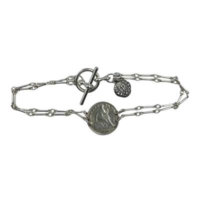 ANTIQUE STERLING SILVER 1858 SEATED LIBERTY COIN LOVE TOKEN BRACELET