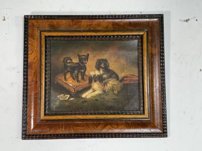 ANTIQUE THREE DOGS ON FOOTSTOOL RUG OIL PAINTING IN ORIGINAL FRAME