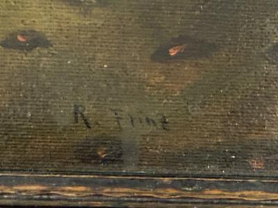 ANTIQUE THREE DOGS ON FOOTSTOOL RUG OIL PAINTING IN ORIGINAL FRAME