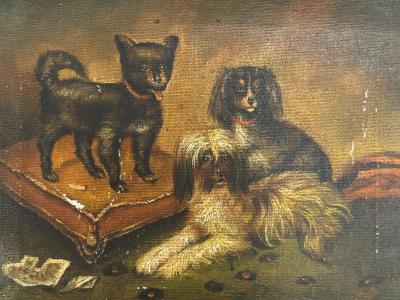 ANTIQUE THREE DOGS ON FOOTSTOOL RUG OIL PAINTING IN ORIGINAL FRAME