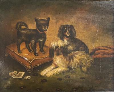 ANTIQUE THREE DOGS ON FOOTSTOOL RUG OIL PAINTING IN ORIGINAL FRAME