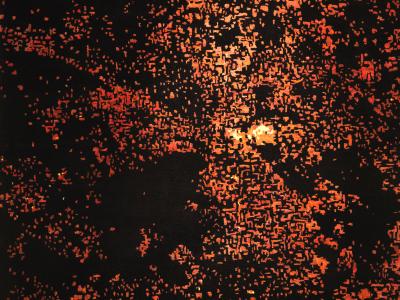 ARIEL ROJO Odabashian rugs FOCO ROJO rug tapestry with a aerial view of Mexico City by night