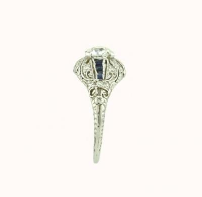 ART DECO 0 66 CARAT OLD CUT DIAMOND AND SAPPHIRE PLATINUM ENGAGEMENT RING