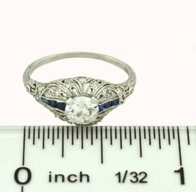 ART DECO 0 66 CARAT OLD CUT DIAMOND AND SAPPHIRE PLATINUM ENGAGEMENT RING