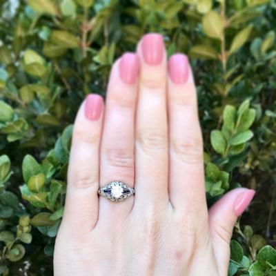 ART DECO 0 66 CARAT OLD CUT DIAMOND AND SAPPHIRE PLATINUM ENGAGEMENT RING