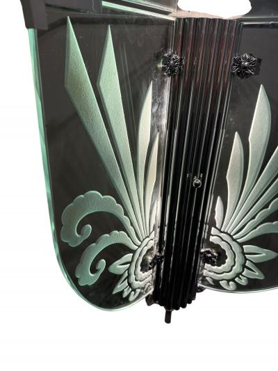 ART DECO ALUMINUM CARVED GLASS ILLUMINATED MIRROR CONSOLE VANITY WITH CHAIR