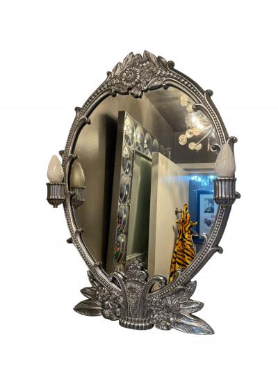 ART DECO ALUMINUM CARVED GLASS ILLUMINATED MIRROR CONSOLE VANITY WITH CHAIR