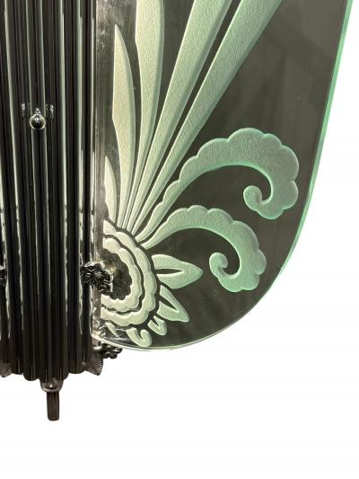 ART DECO ALUMINUM CARVED GLASS ILLUMINATED MIRROR CONSOLE VANITY WITH CHAIR