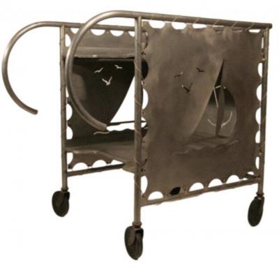 ART DECO ALUMINUM SAILBOAT ANCHOR AND SEAGULLS BAR CART