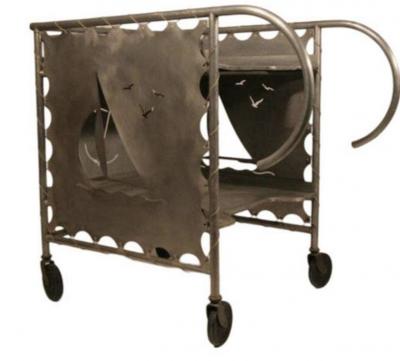 ART DECO ALUMINUM SAILBOAT ANCHOR AND SEAGULLS BAR CART