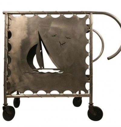 ART DECO ALUMINUM SAILBOAT ANCHOR AND SEAGULLS BAR CART