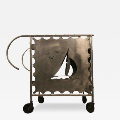 ART DECO ALUMINUM SAILBOAT ANCHOR AND SEAGULLS BAR CART