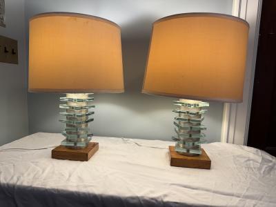 ART DECO BIRCH ALUMINUM GLASS SLAB MODERNIST LAMPS