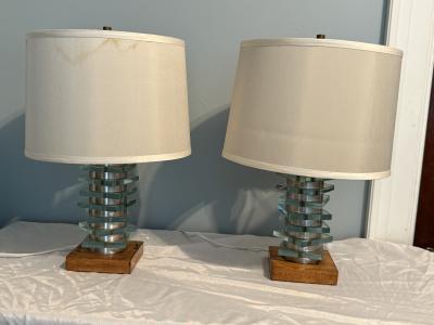 ART DECO BIRCH ALUMINUM GLASS SLAB MODERNIST LAMPS