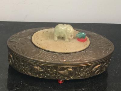 ART DECO BRASS REPOUSSE JADE ELEPHANT OVAL VANITY BOX