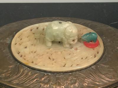 ART DECO BRASS REPOUSSE JADE ELEPHANT OVAL VANITY BOX