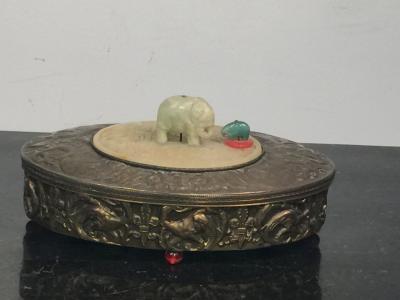 ART DECO BRASS REPOUSSE JADE ELEPHANT OVAL VANITY BOX