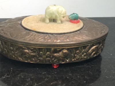 ART DECO BRASS REPOUSSE JADE ELEPHANT OVAL VANITY BOX