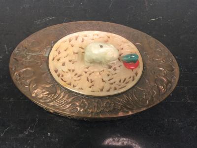 ART DECO BRASS REPOUSSE JADE ELEPHANT OVAL VANITY BOX