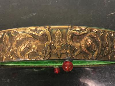 ART DECO BRASS REPOUSSE JADE ELEPHANT OVAL VANITY BOX
