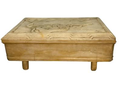 ART DECO BULL LION CARVED ALABASTER BOX WITH DRAWERS
