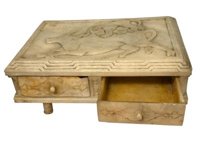 ART DECO BULL LION CARVED ALABASTER BOX WITH DRAWERS