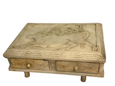 ART DECO BULL LION CARVED ALABASTER BOX WITH DRAWERS